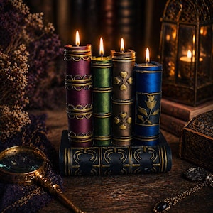 Vela con forma de pila de libros, regalo de cumpleaños para esposo, ratón de biblioteca, amante de la literatura, recuerdo de boda estilo cottagecore, decoración acogedora de estética gótica para inauguración de casa