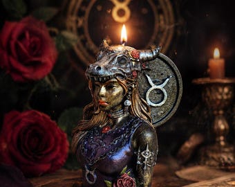神秘的な牡牛座の女神キャンドル、雄牛の頭蓋骨付き、5月生まれの方へのスピリチュアルギフト