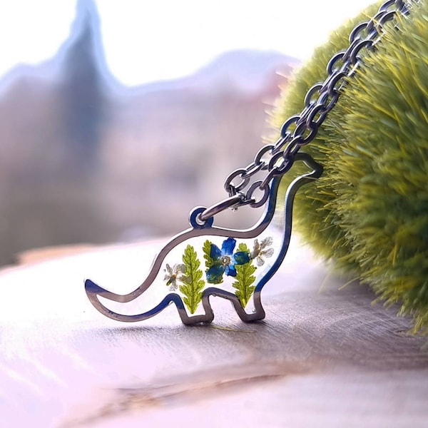 Collier dinosaure-Sorcière de la forêt-Bijoux brachiosaure-Pendentif dinosaure-Fille Mori-Style Cottagecore-Vraie fougère-Cadeau pour maman-Bijoux d'été