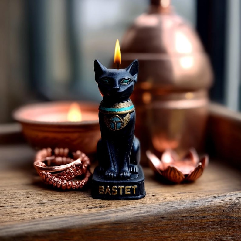 Black cat Bastet Good Luck Spell candle with Scarab Gift for Witch Interior decor Egyptian Goddes Altar totem Birthday quadrobics present image 4