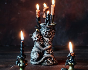 Black cat candle Ritual witchcraft stuff for Forest witch gift for Goth girl with pentagram sign as Altar decor for kitty lovers present