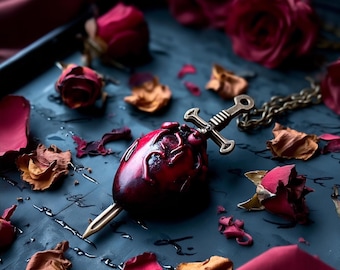 Anatomical heart necklace Goth girl gift for witch Creepy Helloween jewelry Present for girlfriend Sword necklace for Valloween season