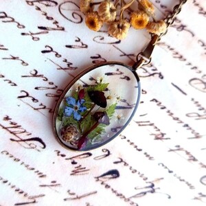 May include: A gold chain necklace with a clear oval pendant containing pressed flowers and a small snail. The pendant is on a white background with black writing.