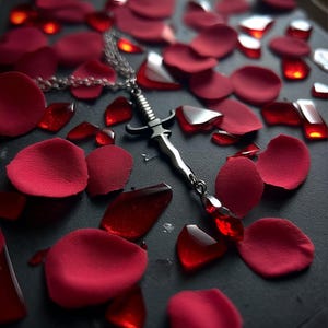 May include: A silver dagger pendant necklace with a red gemstone at the bottom, surrounded by red rose petals and red glass shards on a dark surface. The necklace is detailed and the petals are soft.