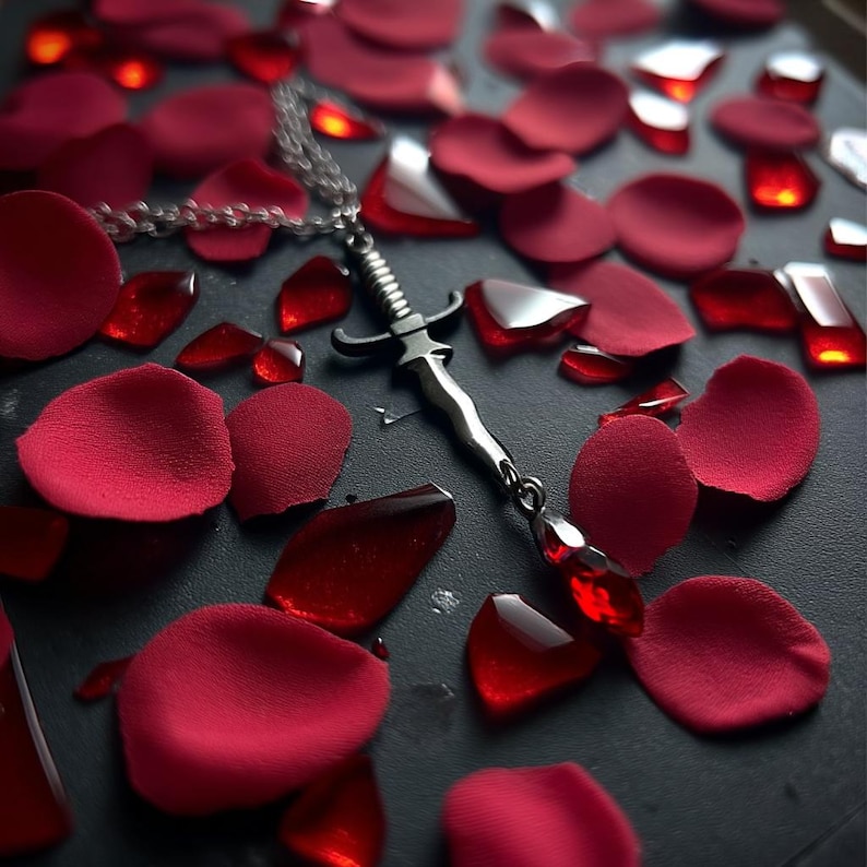 May include: A silver dagger pendant necklace with a red gemstone at the bottom, surrounded by red rose petals and red glass shards on a dark surface. The necklace is detailed and the petals are soft.