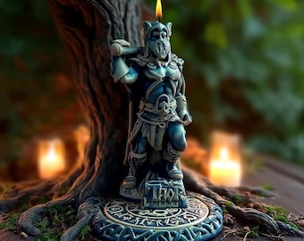 Handcrafted Beeswax Thor Candle: Norse God with Mjölnir