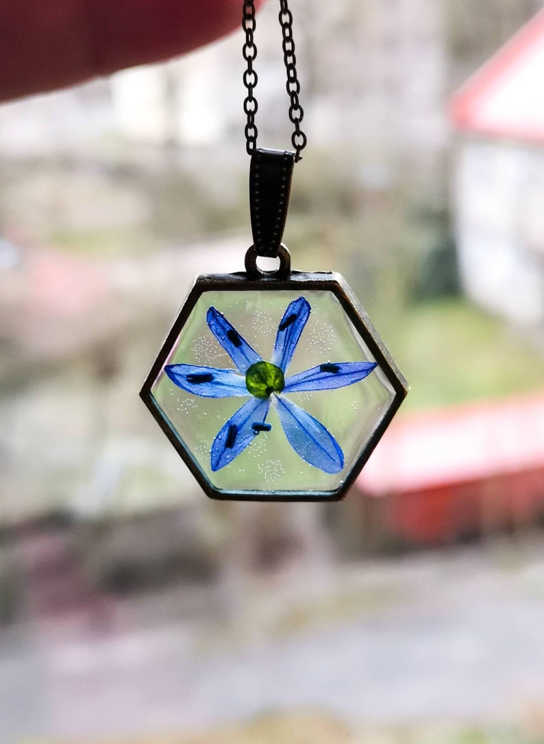 Cottagecore style Strega fashion Snowdrop necklace Forest gift Pagan amulet Mori girl Resin jewelry Green witch pendant
