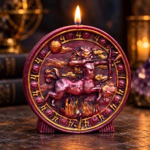 May include: A round, deep red candle featuring a raised relief of a centaur archer aiming a bow. The design includes a golden border with repeating symbols and the number 4. A single flame burns at the top of the circular wax structure.