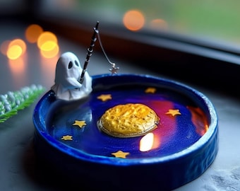 Plato decorativo espeluznante con luna y estrellas. Bonito organizador de joyas con forma de fantasma. Regalo de cumpleaños para chica gótica. Porta incienso único. Plato para joyas.