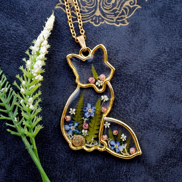 Collier renard - Bijoux en résine - Cadeau sorcière des forêts - Fille Mori-Mode Strega-Style Cottage-Forget me not-Silhouette animale-Bijoux d'été