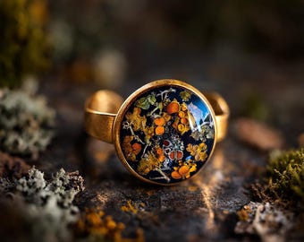 Anillo ajustable en forma de lágrima con líquenes y musgo auténticos. Regalo de cumpleaños para novia. Amante de la naturaleza. Joyería de boda estilo boho chic y cottagecore. Estilo brujo.
