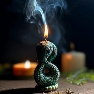 Può includere: Una candela verde a forma di serpente con una testa dorata e uno stoppino acceso. La candela è su una superficie di legno con fumo che sale dallo stoppino.