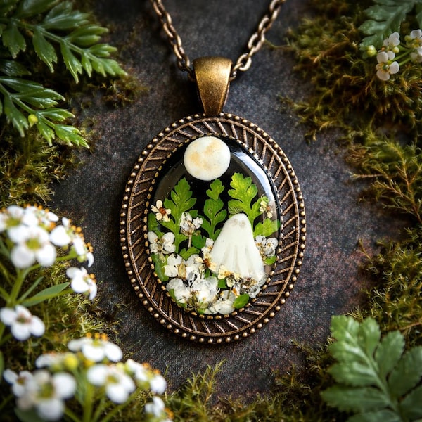 Glow in the Dark Ghost Necklace: Real Flowers & Fern, Gothic Pendant