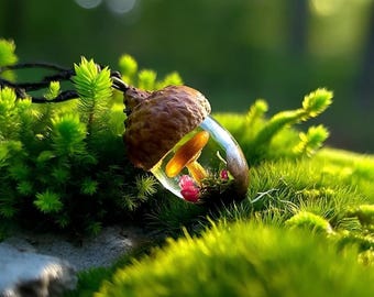 Enchanted Woodland Acorn Terrarium Pendant with Real Miniature Mushroom Oak Cap Necklace Birthday gift for her Cottagecore wedding jewelry