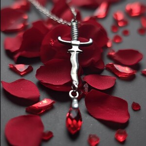 May include: A silver pendant necklace featuring a sword design with a red gemstone at the bottom. The necklace is displayed on a bed of red rose petals, creating a romantic and elegant aesthetic.