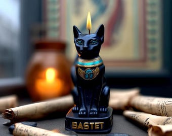 Black cat Bastet Good Luck Spell candle with Scarab Gift for Witch Interior decor Egyptian Goddes Altar totem Birthday quadrobics present