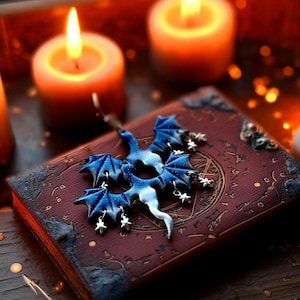 Blaue Drachen Ohrringe aus Silber mit baumelnden Sternen und Sternen als Geburtstagsgeschenk für Tochter, Fantasy-Liebhaber, Cottagecore, Fee, Hochzeit, Schmuck