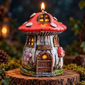 May include: A mushroom-shaped candle with a red cap featuring white spots and a grey textured stem. The candle is lit at the top and features a small arched door, two windows, and a smaller mushroom accent on the side, all with a warm yellow glow.