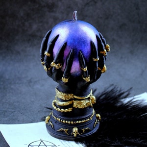 Crystal ball & Hand-Spell Ritual-Witchcraft-Spooky Home Decor-Fortune teller-Witchy Alter-Magic Aesthetic-Gift for witch-Halloween Candle Blue-Purple