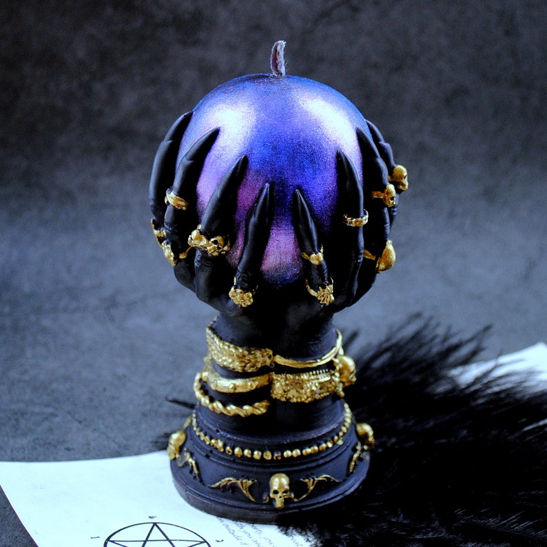 Crystal ball & Hand-Spell Ritual-Witchcraft-Spooky Home Decor-Fortune teller-Witchy Alter-Magic Aesthetic-Gift for witch-Halloween Candle Blue-Purple