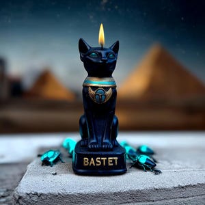 Black cat Bastet Good Luck Spell candle with Scarab Gift for Witch Interior decor Egyptian Goddes Altar totem Birthday quadrobics present image 2