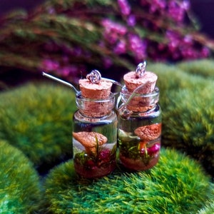 May include: A pair of earrings featuring miniature glass bottles with cork tops. Each bottle contains a small mushroom, red berries, and green moss, suspended in a clear liquid.