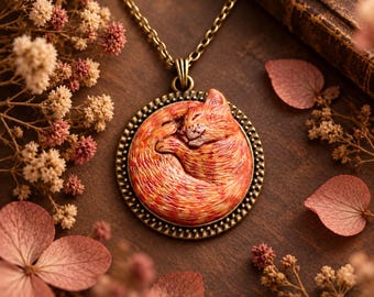 May include: A round pendant necklace featuring a sculpted orange tabby cat curled into a sleeping position. The pendant is set in a dark bronze-toned metal frame with a textured edge and hangs from a matching link chain, showcasing detailed fur.