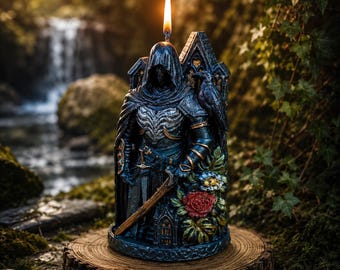 Dark Fantasy Knight Candle, Gothic Raven Decor, Medieval RPG Gamer Gift for Him