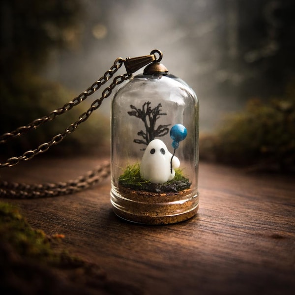 Handmade Ghost Diorama Necklace: Whimsical Blue Balloon Pendant, Gothic Charm