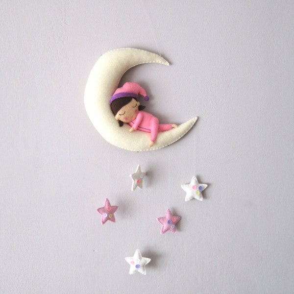 Baby girl mobile, moon mobile, moon and stars mobile, wool felt mobile, charity handmade, photo prop, nursery decor, baby girl room