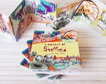 A portrait of Sheffield - concertina booklet zine illustrated book fold out book artbook location drawing sketches giftbook