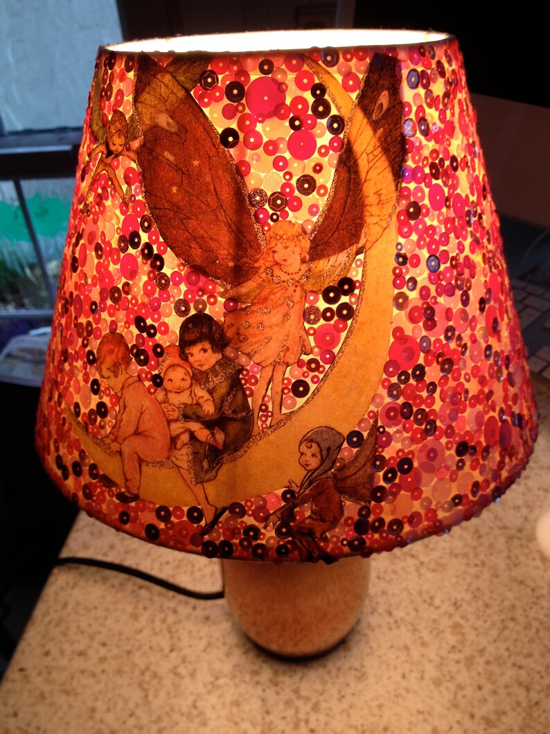 Vintage Fairy Peter Pan Style Pink Sequins Moon Wing Lampshade Children S Book Ilration