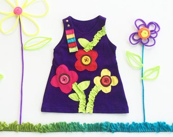 Girl's Dress, FLOWER Dress, Floral Kids Clothing, Handmade Clothing, Applique Dress, Purple Dress, Playful Clothing, Floral Dress