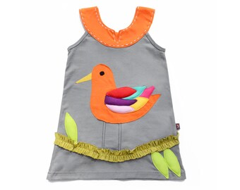 Girl's Dress, BIRD Dress, Applique Dress, Bird Clothing, Handmade Clothing, Applique Clothing, Gray Dress, Animal Clothing, Orange Dress