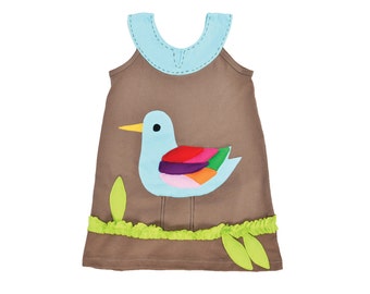 Girl's Dress, BIRD Dress, BIRD Clothing, Handmade Clothing, Applique Dress, Applique Clothing, Khaki Dress, Children's Dress