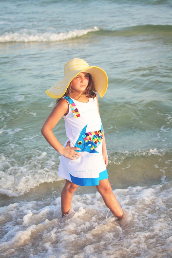 Girls White Applique Fish Dress, 100% Cotton Jersey Handmade Children's  Clothes, Nautical Beach Clothing - Etsy