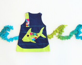 Girl's Dress, FISH Dress, Fish Clothing, Handmade Clothing, Applique Dress, Animal Character, Navy Dress, Children's Dress, Nautical Dress