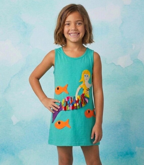 cotton mermaid dress Handmade Applique Dress, Aqua Girl's Clothing, 100% Kids Clothes 18 length 31 Size:10 (M) little mermaid dresses Unstitched Suit Set Bridesmaid Dresses and Gowns