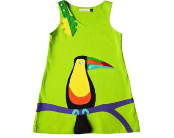 Girls Dress, TOUCAN Dress, Bird Dress, Jungle Dress, Theme Party, Jungle Party, Animal Lover, Tropical Dress, Resort Wear, Beachwear