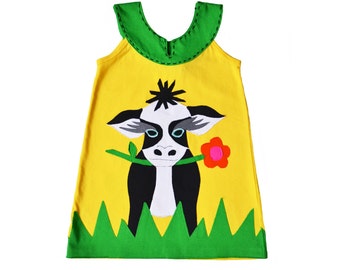 Girls Dress, COW Dress, Farmhouse Style, Farm Dress, Country Girl, Animal Lover, Yellow Dress, Farm Animal Dress, Applique Kids Clothing