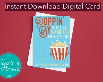 Popcorn thema afdrukbare verpleegkundige waardering week geschenken, Poppin' door te zeggen dank u, Instant Download kaart voor verpleegkundige, waardering cadeau