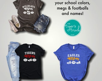 End of the Year Gifts, Football and Cheer Mom, Custom Mascot Team Color Game Day Shirt, Grad Gifts, Football Mom Shirt with Cheer Megaphone