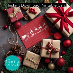 Cartão de Natal para impressão, trenó do Papai Noel e design de rena, e a todos uma boa noite, cartão de Natal para download instantâneo, cartão de felicitações festivo