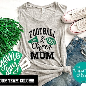 Football and Cheer Mom Muscle Tank, Personalized with Megaphone and Football Design, Custom School Spirit Top with Player and Cheer Names