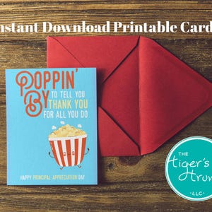 Afdrukbare waarderingskaart directeur, popcornthema direct downloaden, grappig bedankkaartje, pdf-formaat, DIY-schoolcadeau, schoolhoofdweek