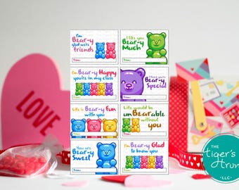 Beary Valentine Cards for School, Printable Valentines for Kids, Bear Valentine Card, Gummy Valentine Cards for Classroom, Valentine Tags