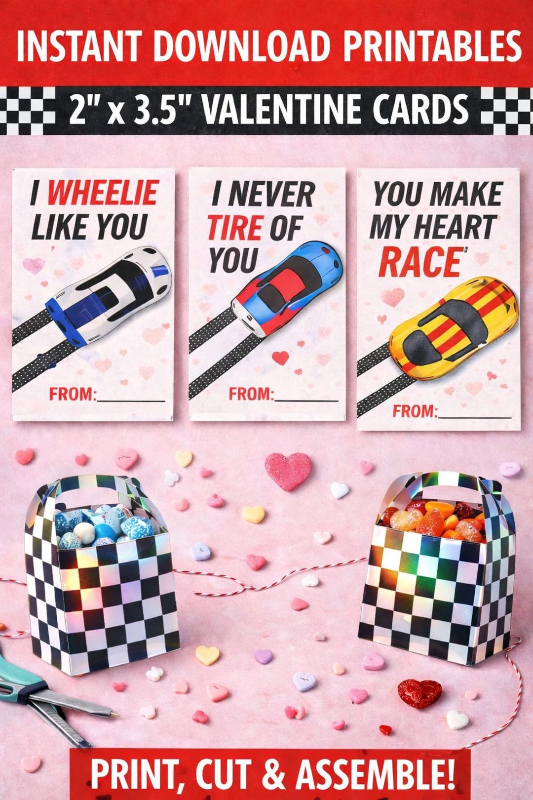 Race Car Valentine Cards for Kids, Printable Classroom Valentines, Car ...