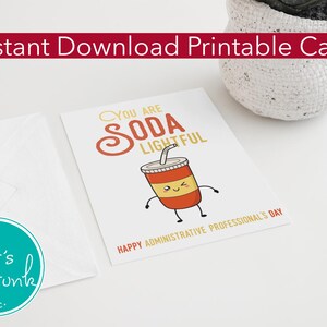 Cartão de agradecimento profissional administrativo para impressão, tema engraçado de refrigerante para download instantâneo, agradecimento digital do dia do administrador, presente para funcionários do escritório