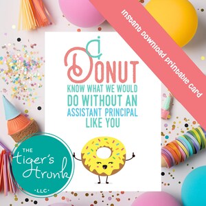 Afdrukbare waarderingskaart adjunct-directeur, donutthema instant download, grappig bedankkaartje, pdf-formaat, DIY-schoolcadeau, Admin Week