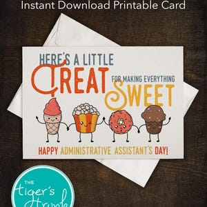 Afdrukbare waarderingskaart administratief medewerker, thema zoete traktatie instant download, Admin Day digitaal bedankje, cadeau kantoorpersoneel